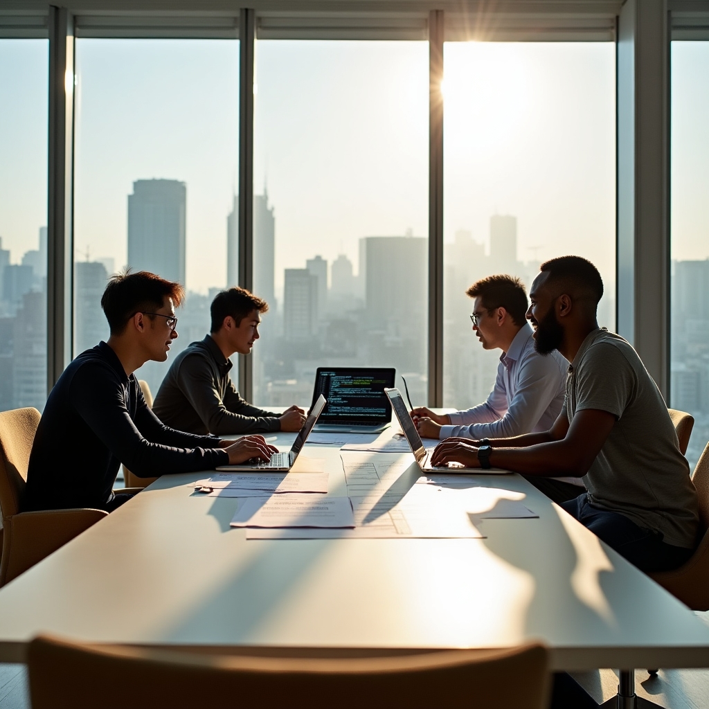 Engineering team reviewing developer tools at modern workspace