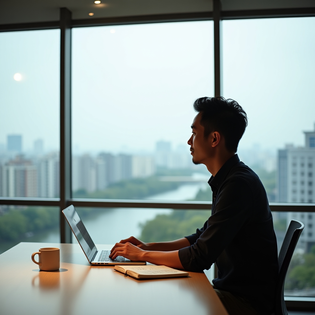 Office window overlooking Niigata city with team working inside